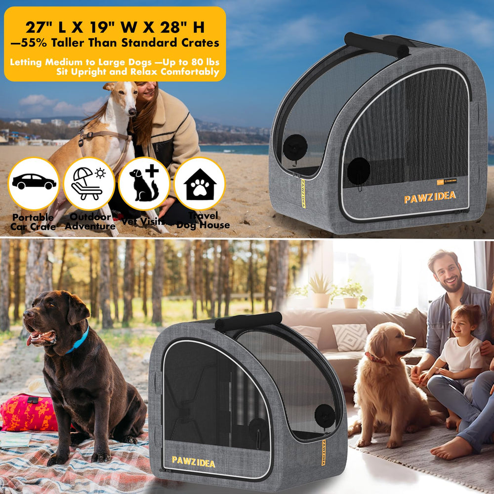 PAWZIDEA portable dog crate feeding window allows treat breaks without opening.