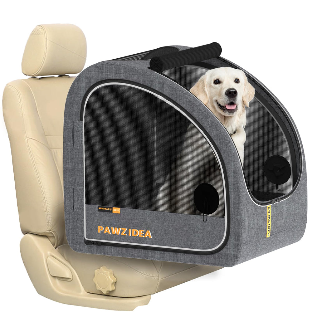 PAWZIDEA portable dog crate front view highlights a spacious interior for large dogs on trips.
