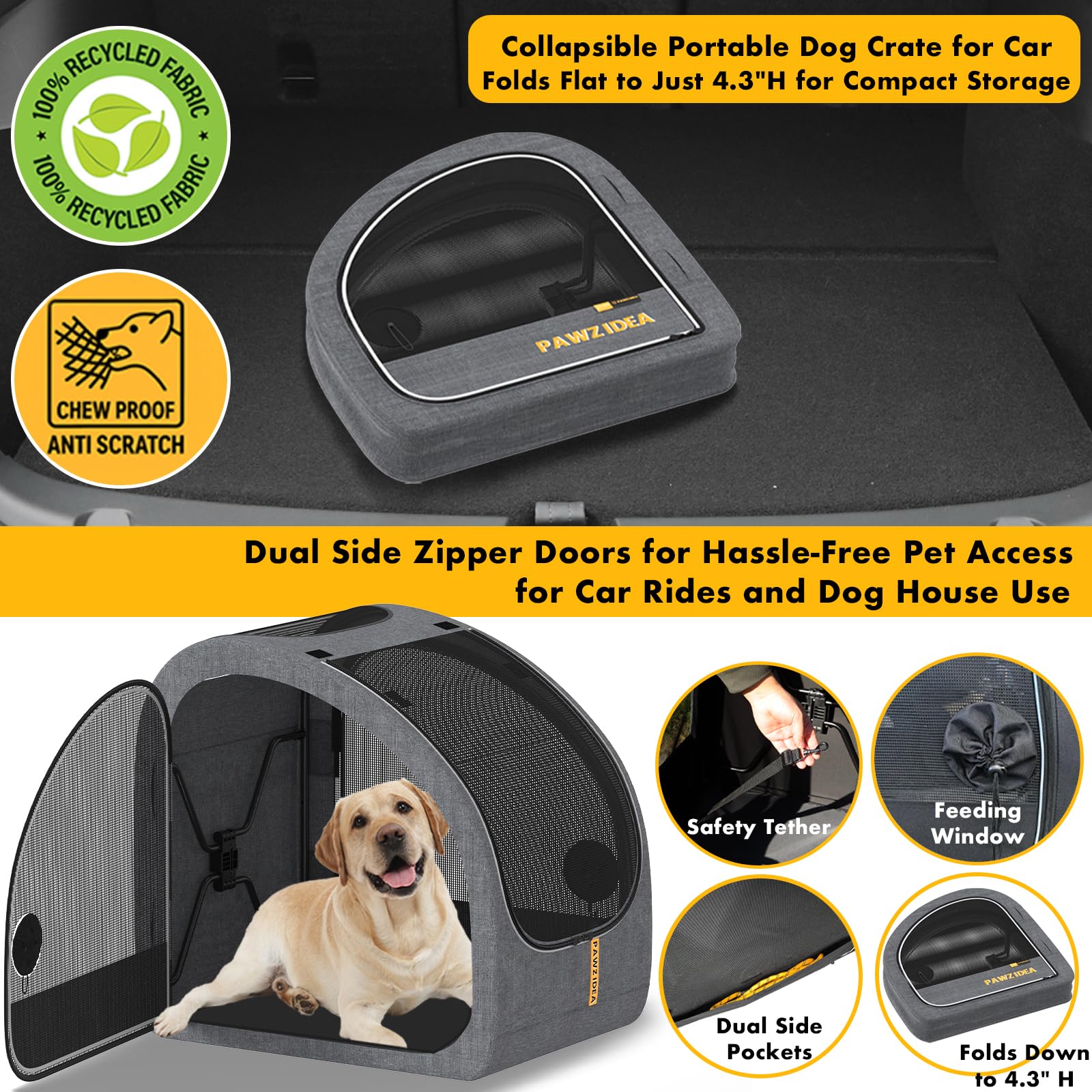 PAWZIDEA portable dog crate removable cushion provides cushioned comfort on drives.