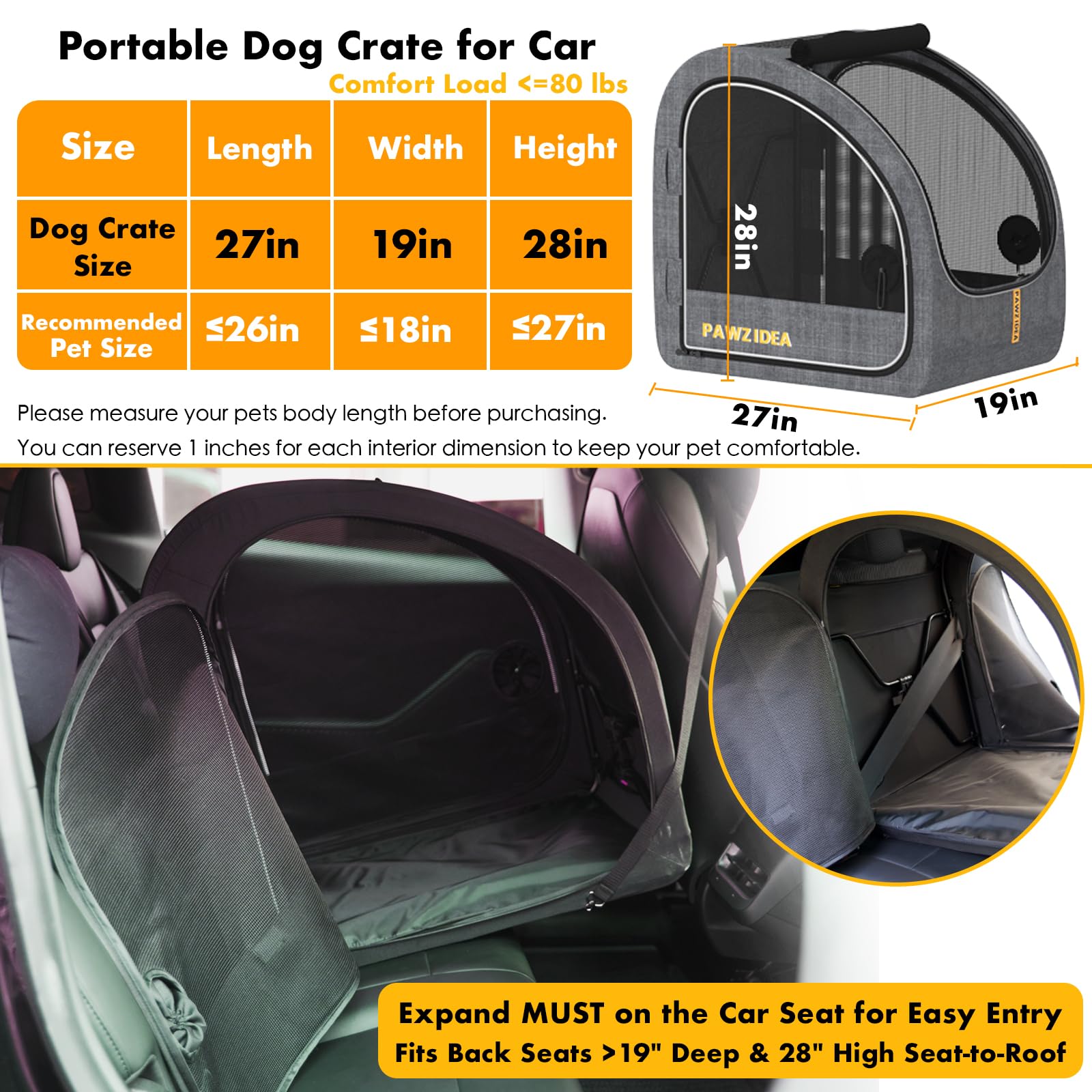 PAWZIDEA portable dog crate side-entry doors enable easy pet access during car travel.