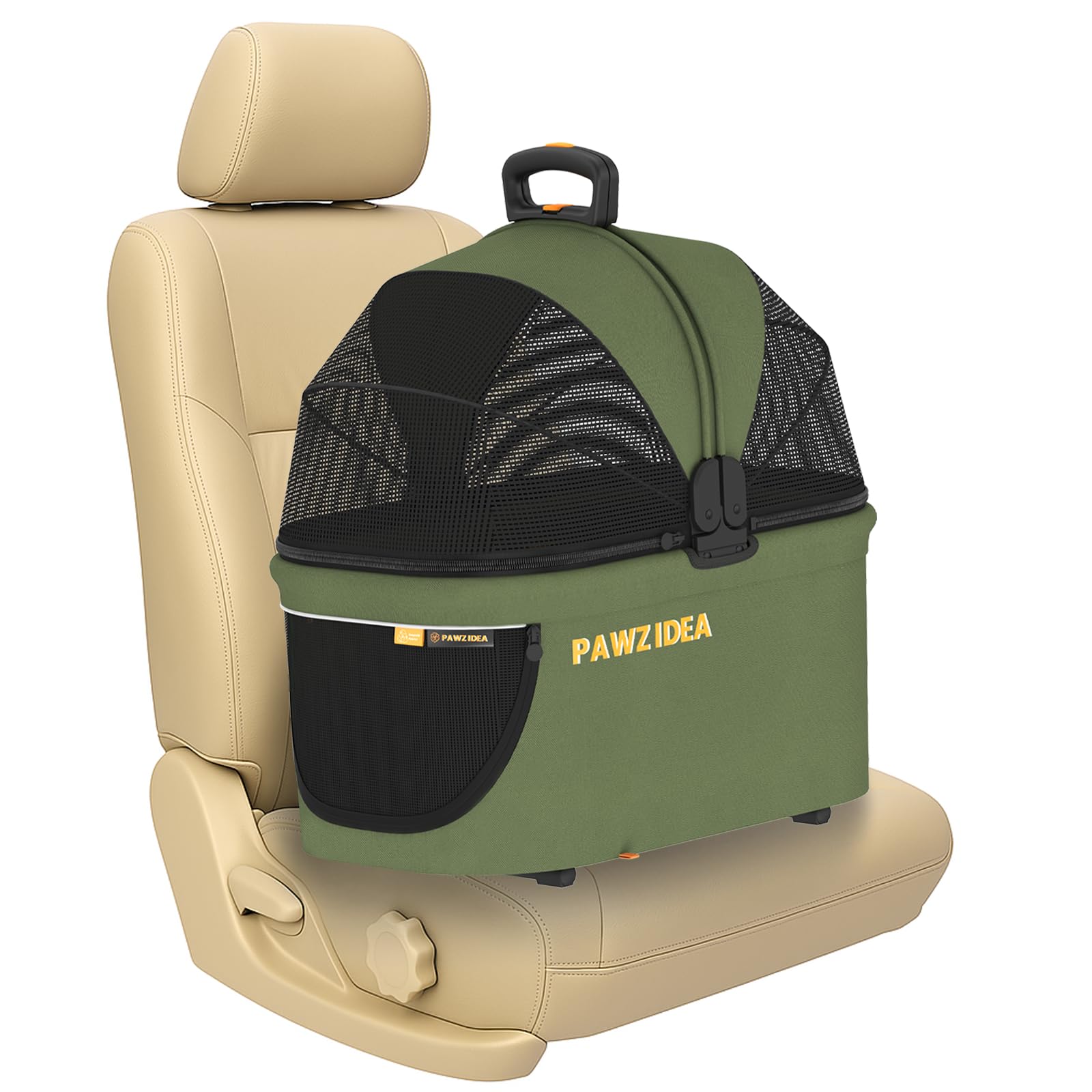 PAWZIDEA portable small-dog crate on car seat with secure belt for safe travel