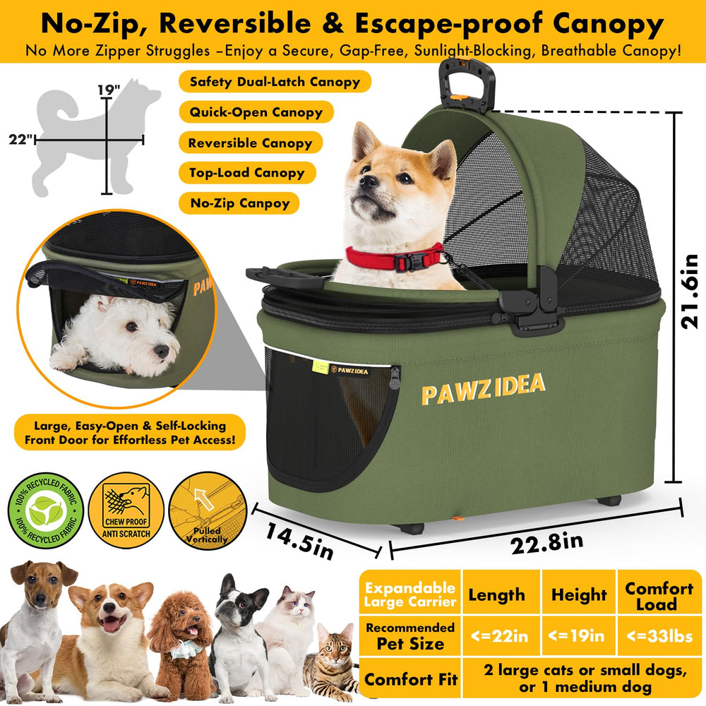 PAWZIDEA reversible top-load canopy showing shade and full view options