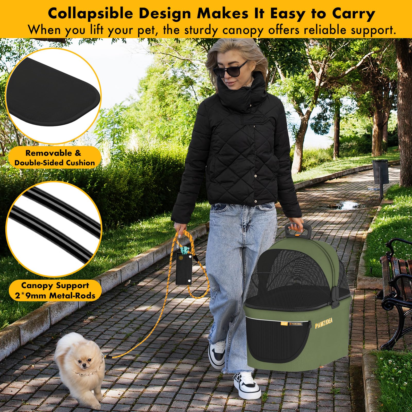 PAWZIDEA safety tethers and reflective strips enhance on-the-go security.