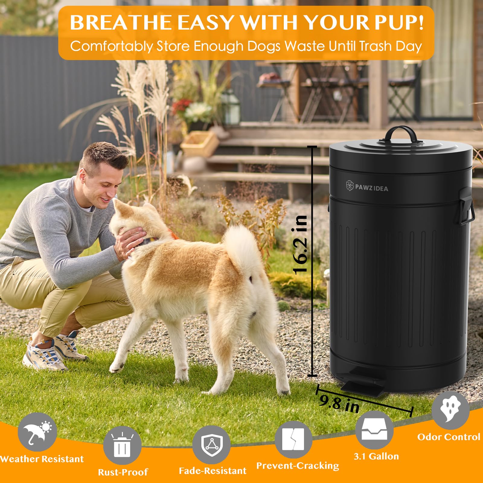 PAWZIDEA step-on pedal design for hands-free, easy waste disposal.