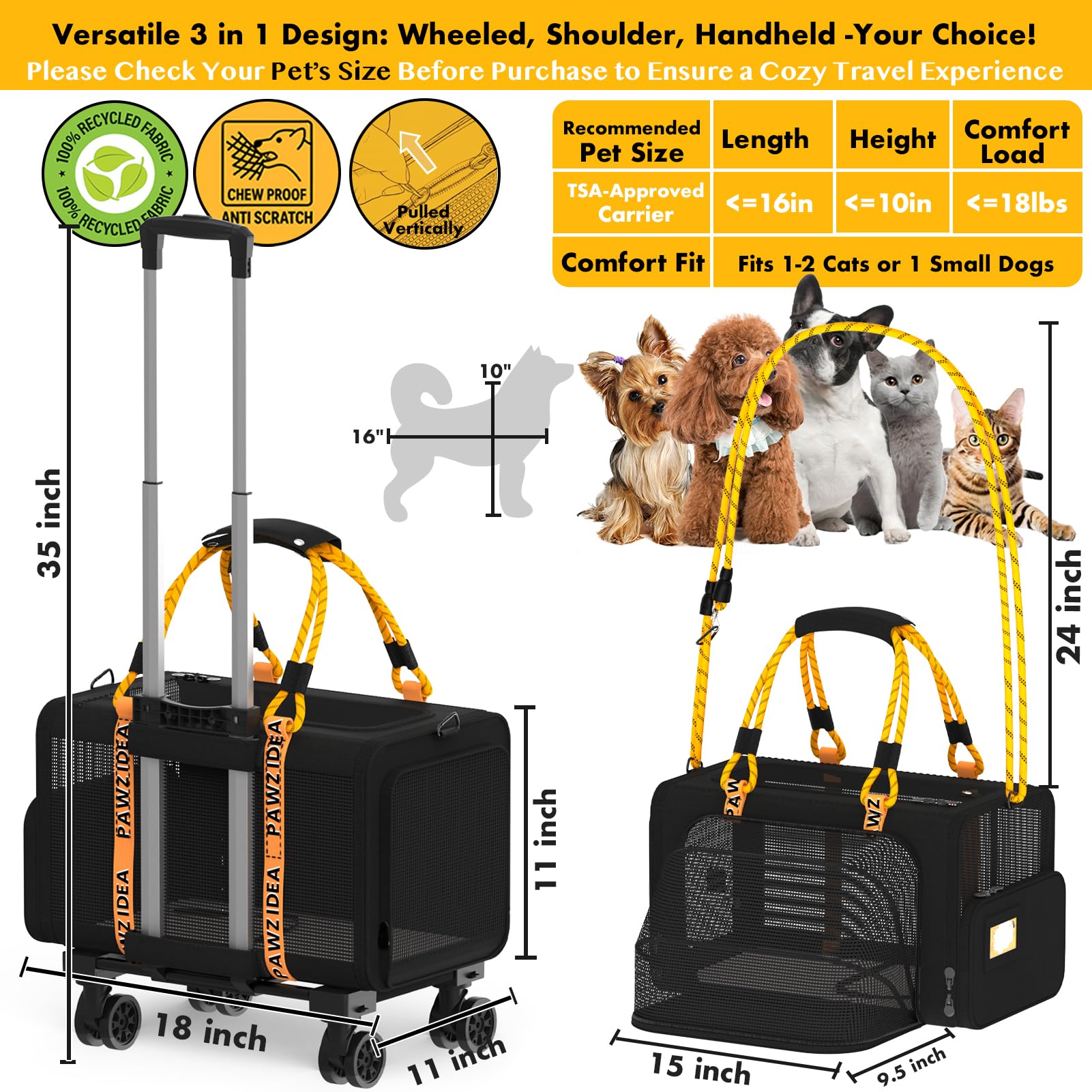 PAWZIDEA wheels and telescopic handle enable smooth, hands-free transport through airports.