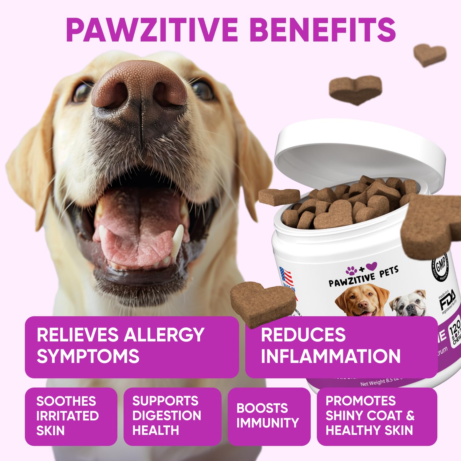 Pawzitive Pets dog allergy chews close-up shows chewy texture and tasty appearance for easy daily use.