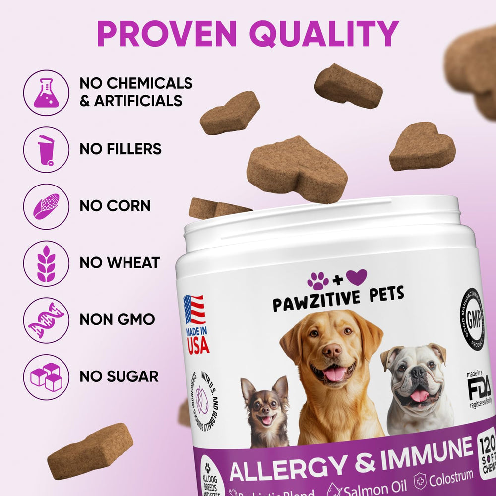 Pawzitive Pets dog allergy chews on shiny coat image highlighting skin support benefits.