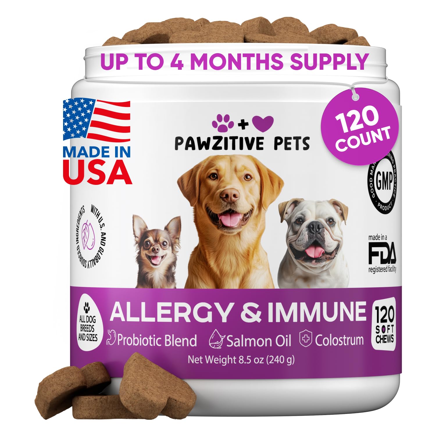 Pawzitive Pets dog allergy chews packaging highlights USA-made, veterinarian-developed support for skin comfort.