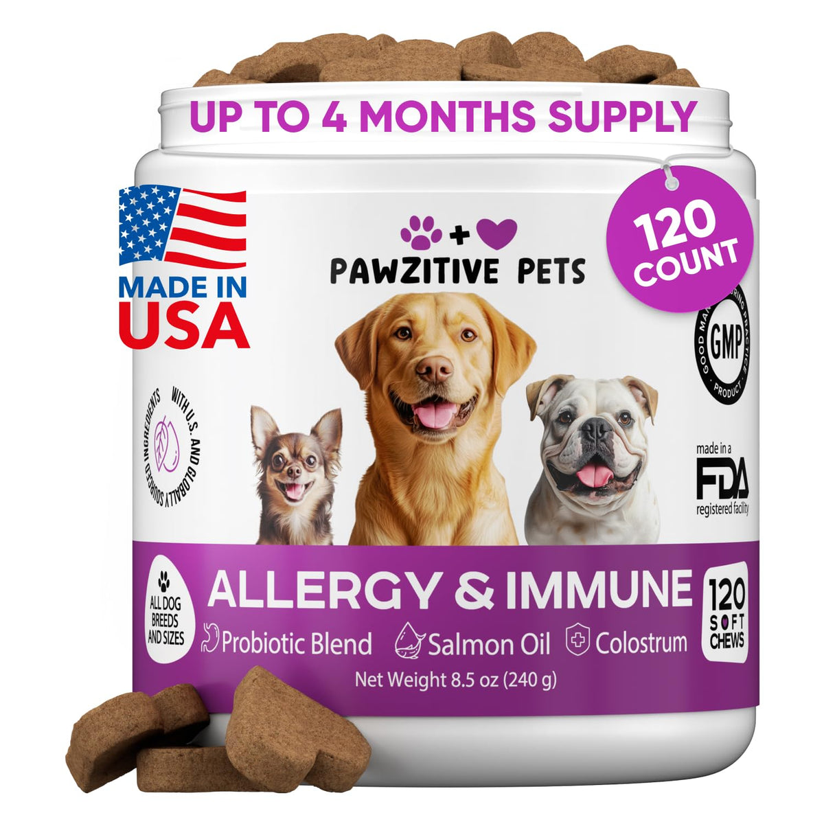 Pawzitive Pets dog allergy chews packaging highlights USA-made, veterinarian-developed support for skin comfort.