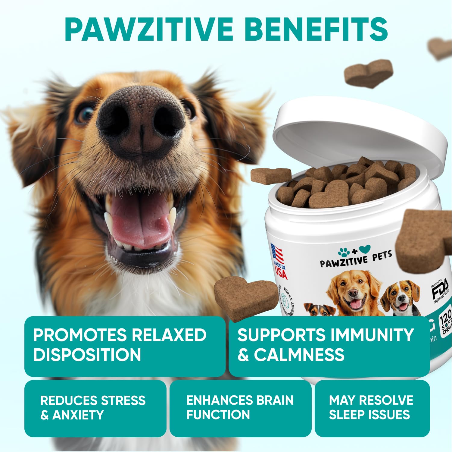 Pawzitive Pets melatonin chamomile ingredients highlighting sleep support