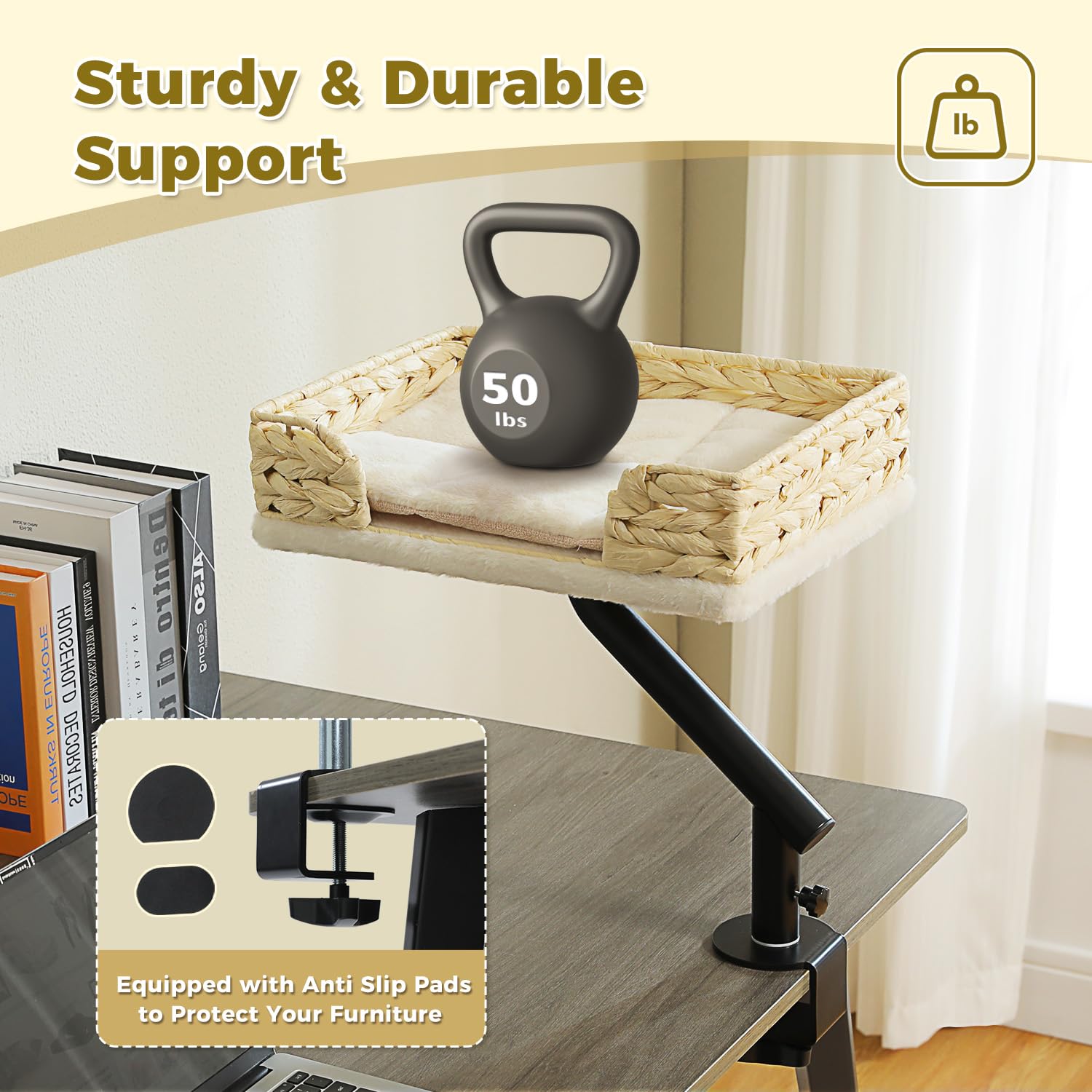 PAWZ Road cat desk bed supports up to 50 lbs for sturdier cats.