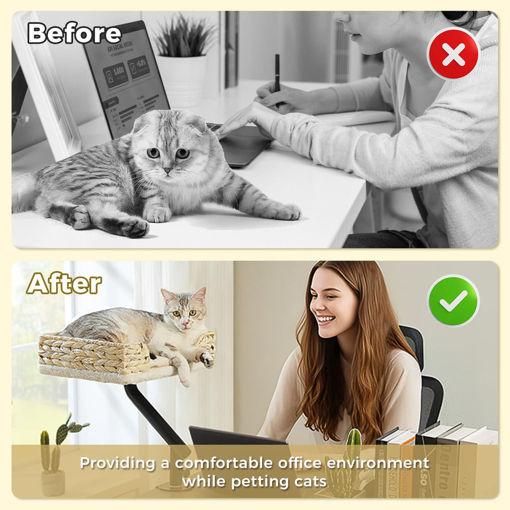 PAWZ Road cat desk bed soft fur surface offers cozy resting comfort.
