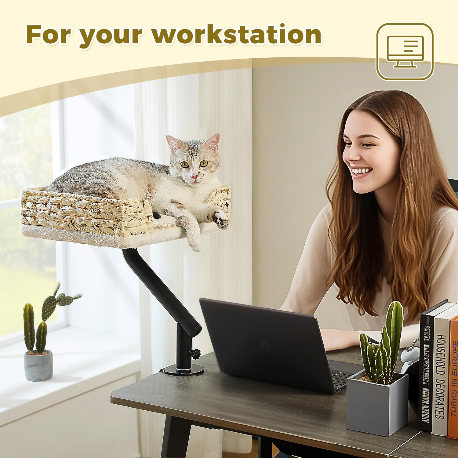 PAWZ Road cat desk bed features white wicker design to elevate decor.