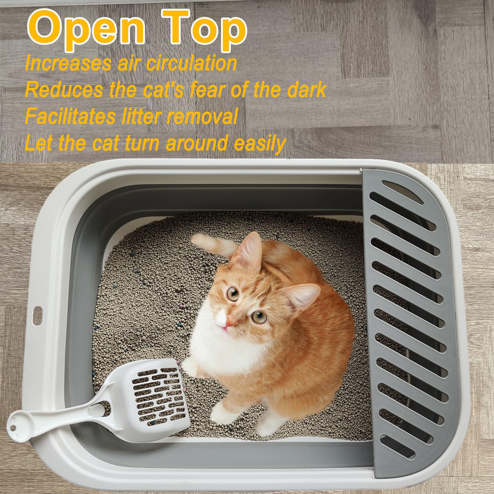 Paxlkuao open-top litter box with enhanced air flow for easy litter removal.