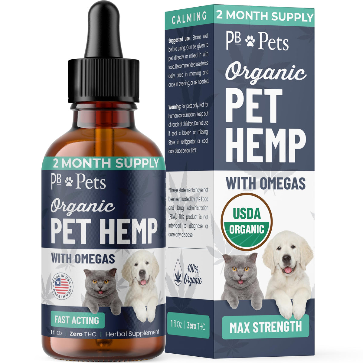 PB Pets Organic Hemp Oil bottle shows calming support for pets