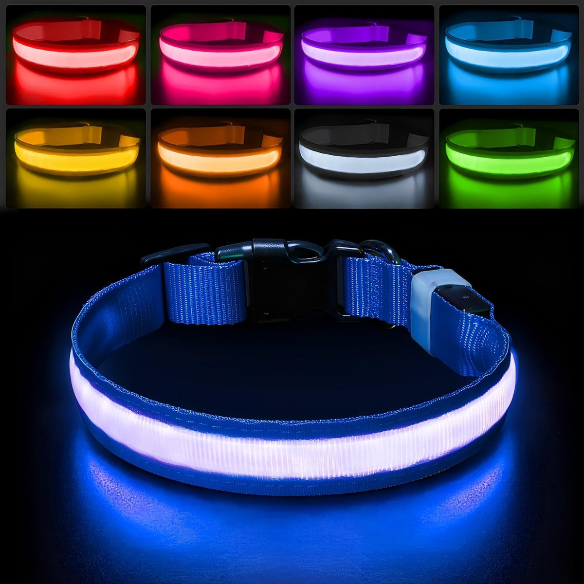 PcEoTllar light up dog collar with colorful LED lights for night visibility.