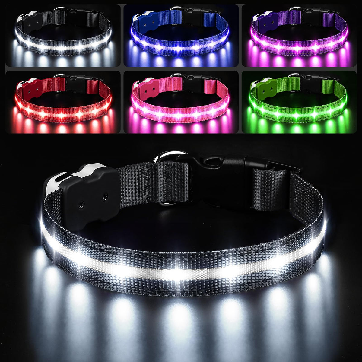 PcEoTllar light-up dog collar front view for high night visibility