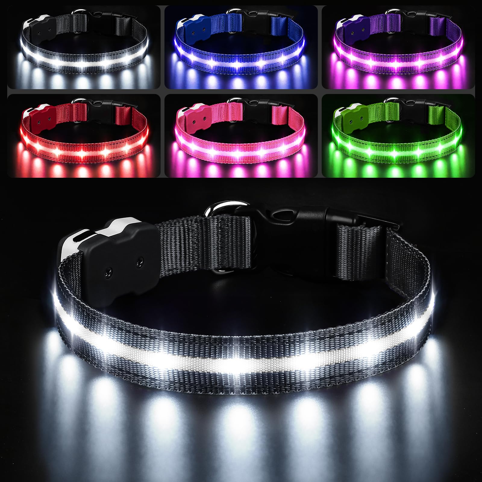 PcEoTllar light up dog collar front view showing bright glow for night visibility