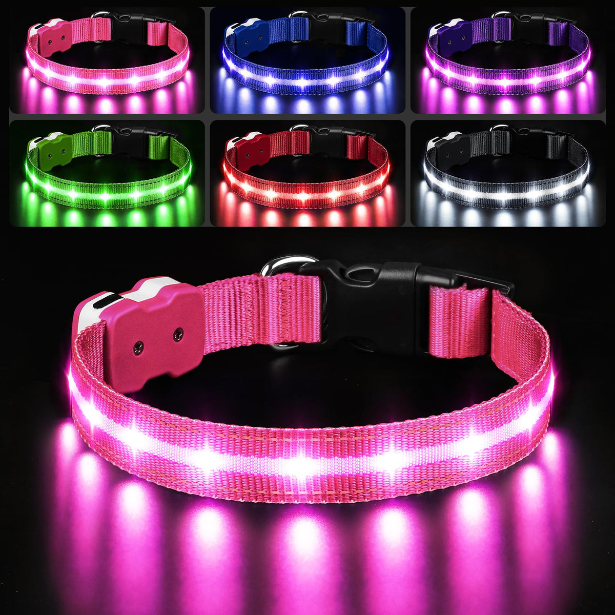 PcEoTllar light-up dog collar pink with closed buckle improves safety during night walks.