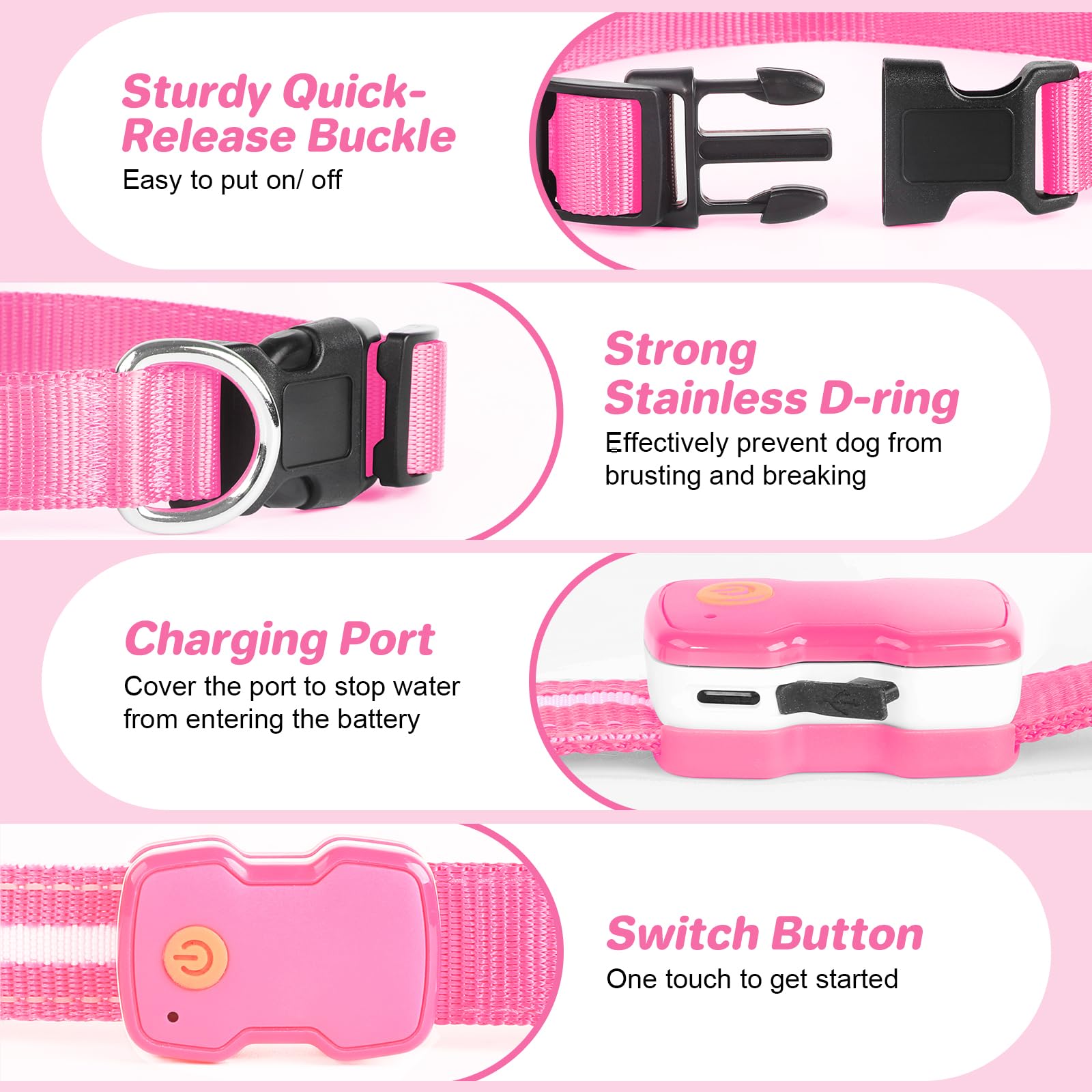 PcEoTllar light-up dog collar pink recharge indicator for quick charging.
