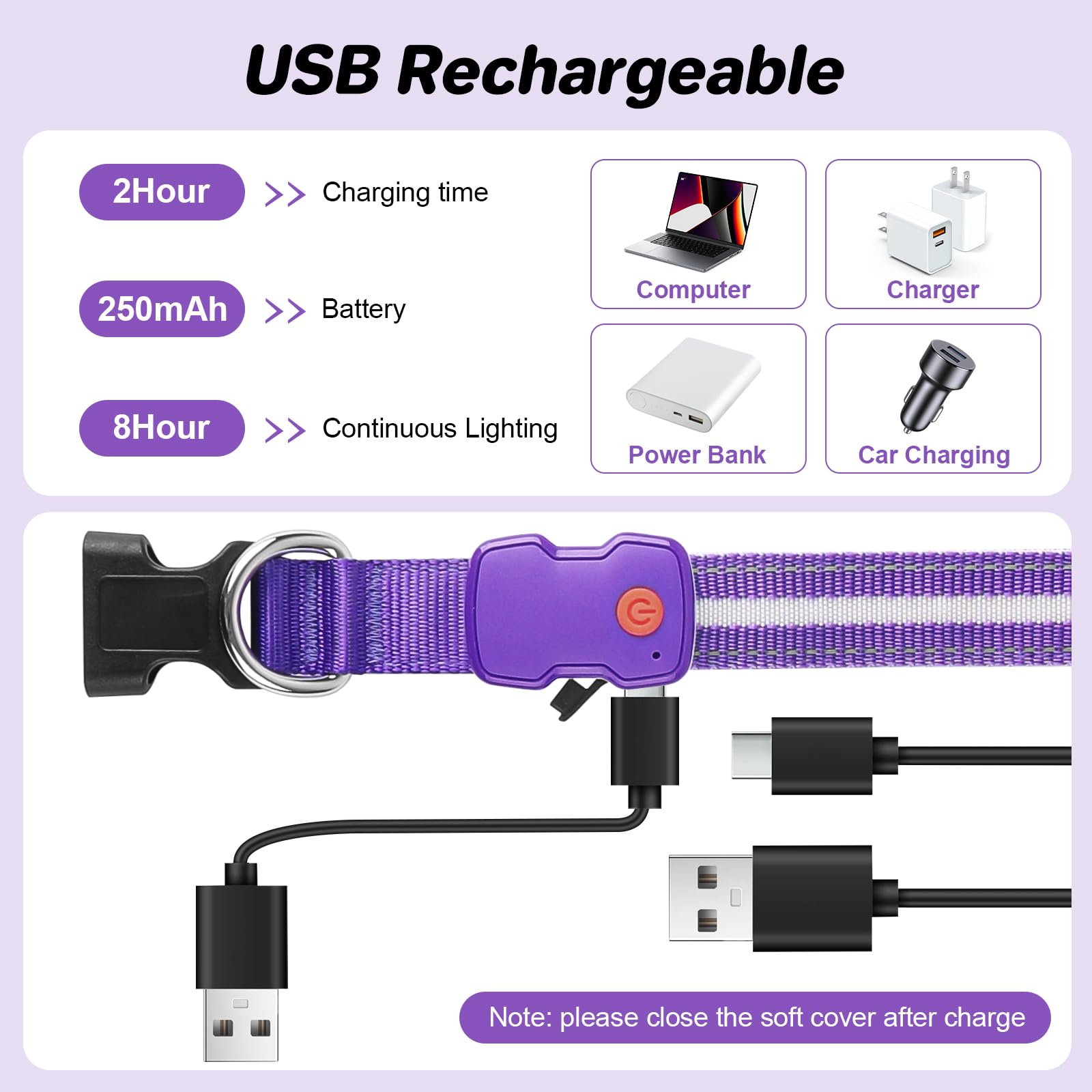 PcEoTllar light up dog collar purple charging highlights easy rechargeable battery and long runtime.