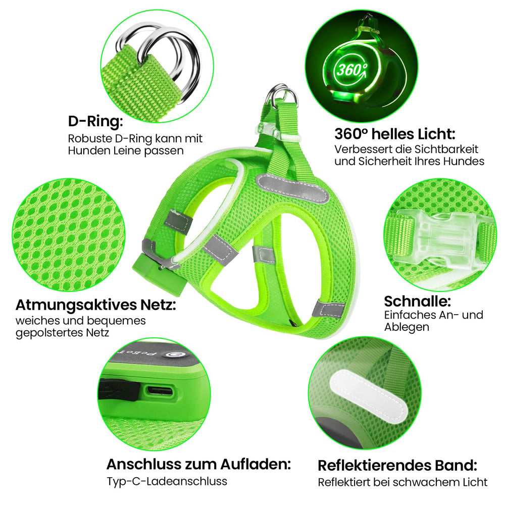 PcEoTllar three-mode LED harness offers flexible visibility for walking, running, or play.