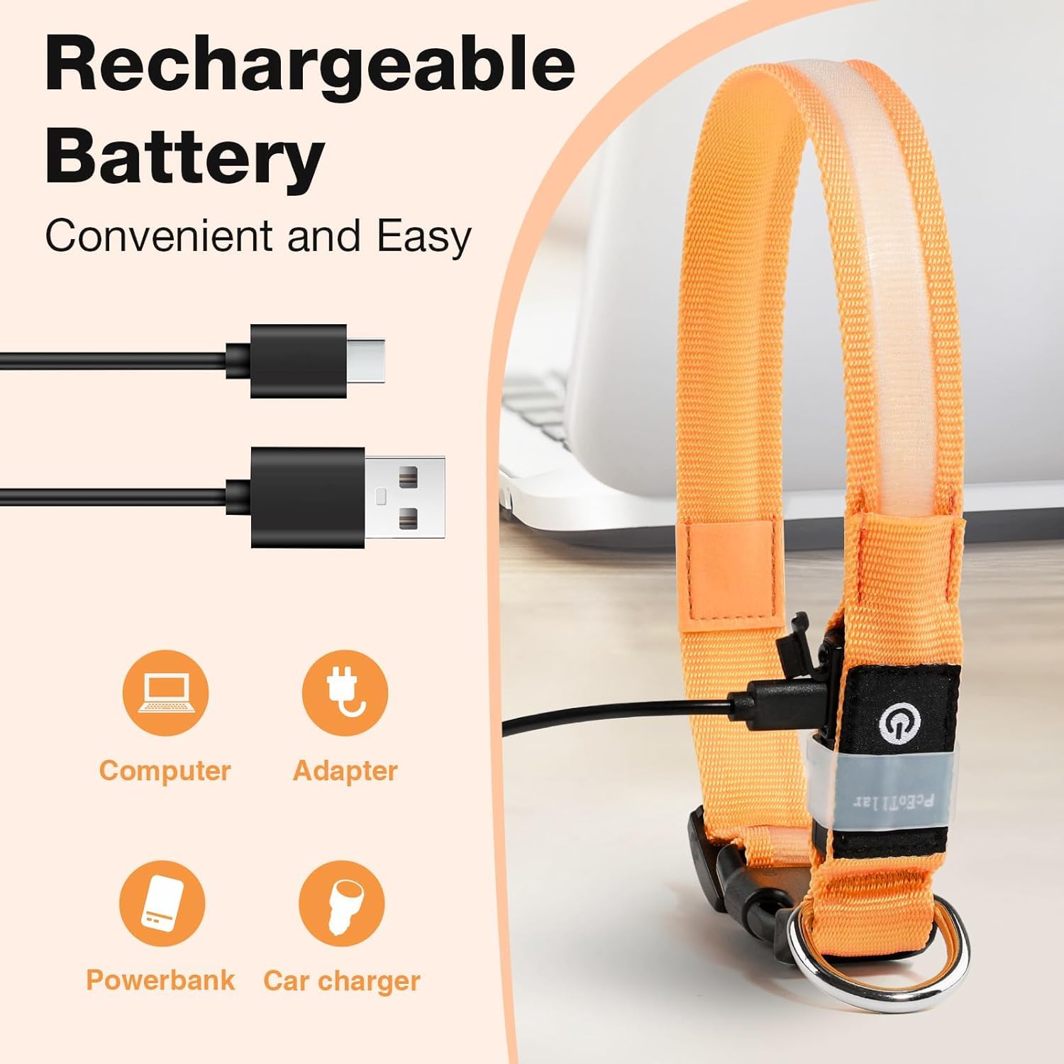 PcEoTllar waterproof rechargeable LED collar ready for swimming and outdoor play.