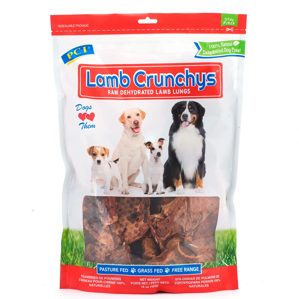 PCI Pet Center Lamb Crunchys pack shot shows single-ingredient lamb lungs for dogs.