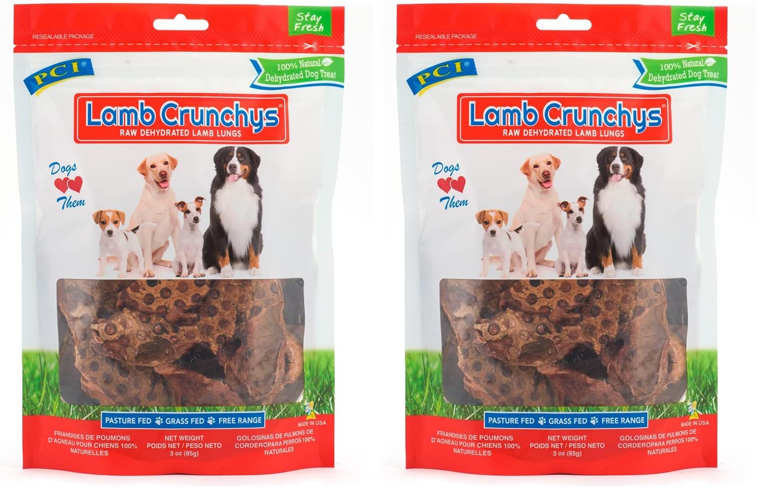 PCI Lamb Crunchys raw lamb lungs dog treats pack-2—high-protein, long-lasting chews for training and rewarding dogs.