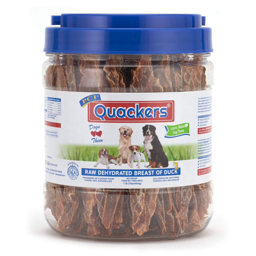 PCI Quackers 1lb duck-breast treat container keeps rewards fresh for training.