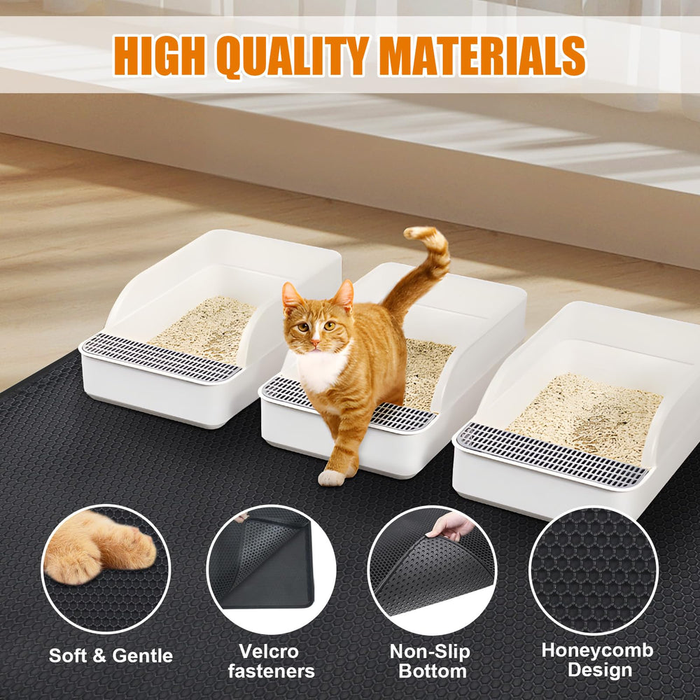 PCYIS Cat Litter Mat XL under litter box shows large coverage for multiple boxes