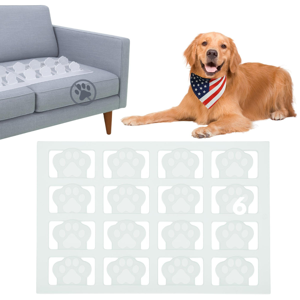 PEACHTREE PET clear scat mat on a sofa blocks dog jumps with a humane deterrent