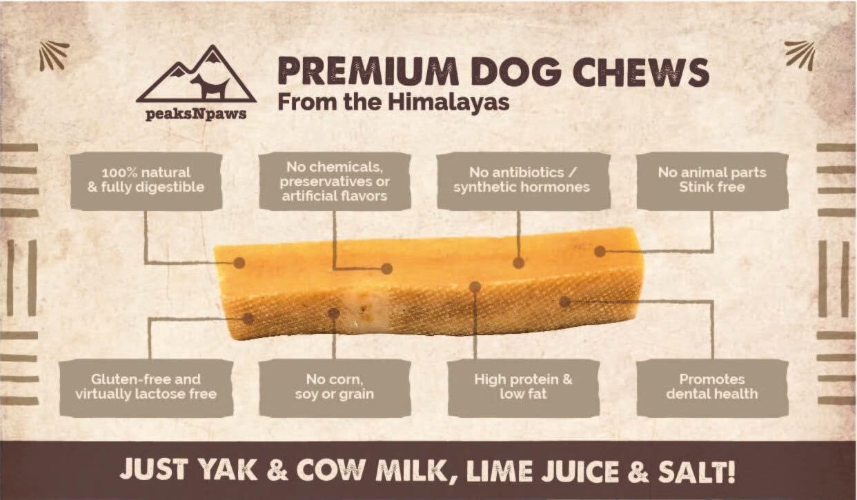 peaksNpaws Himalayan Yak Chews close-up texture showing a hard cheese chew.
