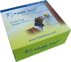 Pebble Smart Doggie Doorbell blue accent transmitter shown ready for activation and testing.
