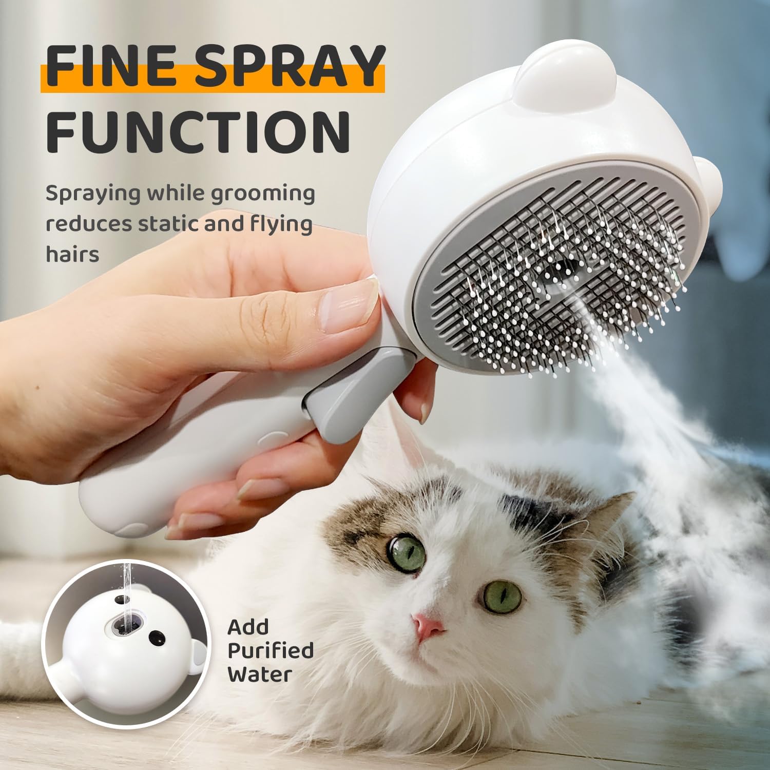 Pecait Cat Steam Brush detangle-and-clean image shows fur separation and debris removal.