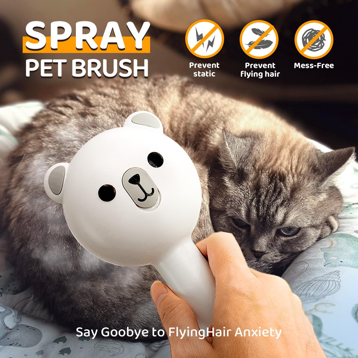 Pecait Cat Steam Brush release-button close-up demonstrates easy self-cleaning after brushing.