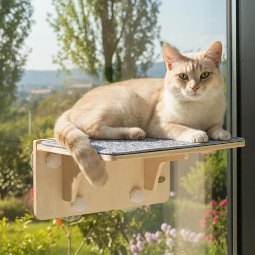 Pecute 2-in-1 cat window perch solid wood for sturdy window lounging