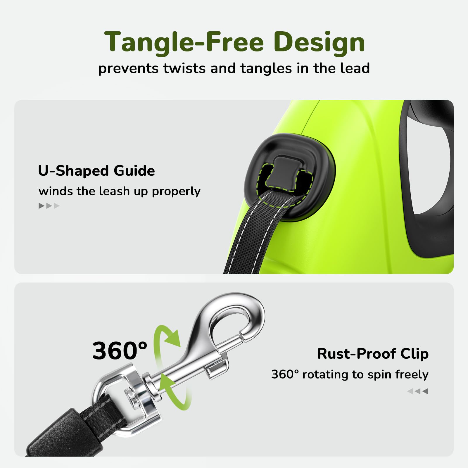 Pecute leash with 360° swivel clip prevents tangles during all directions.