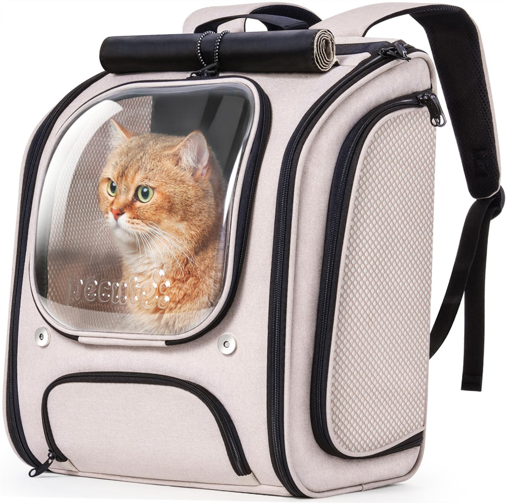 Pecute Cat Backpack Bubble Front View shows secure space for calm travel