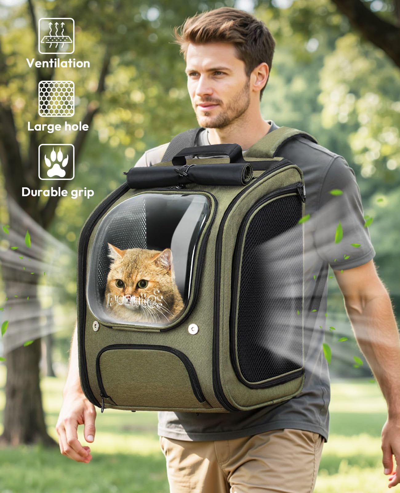Pecute cat backpack UV shade blocks sun exposure for calmer outdoor sessions.