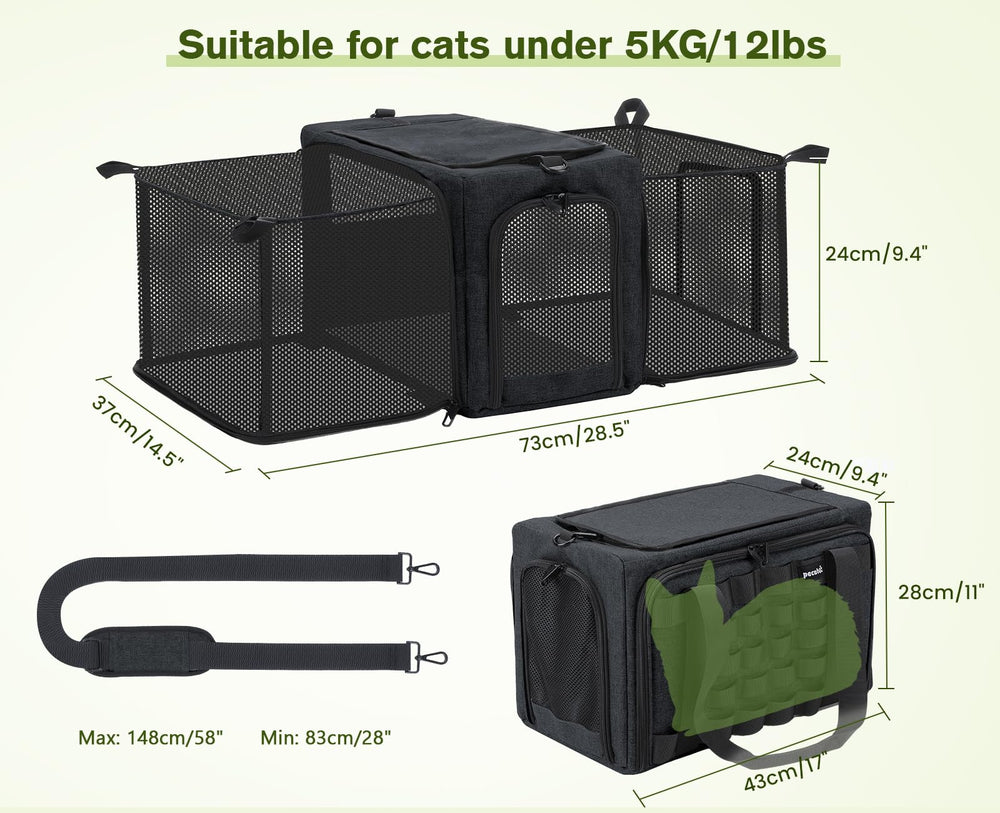 Pecute cat carrier expandable front ribbon for accessories like collapsible bowl.