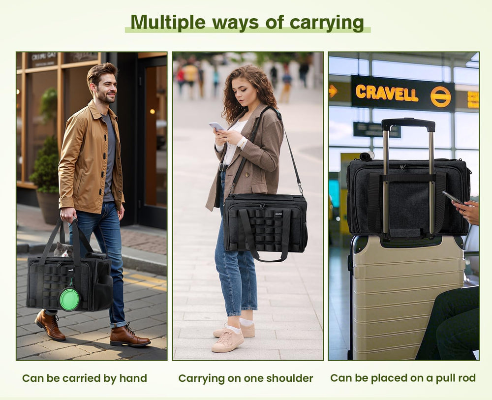Pecute cat carrier expandable feeding port for convenient access during travel.