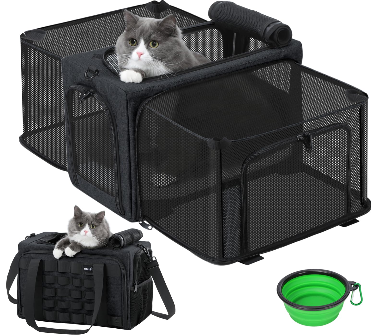 Pecute cat carrier expandable front view, travel-ready for cats up to 12 pounds.