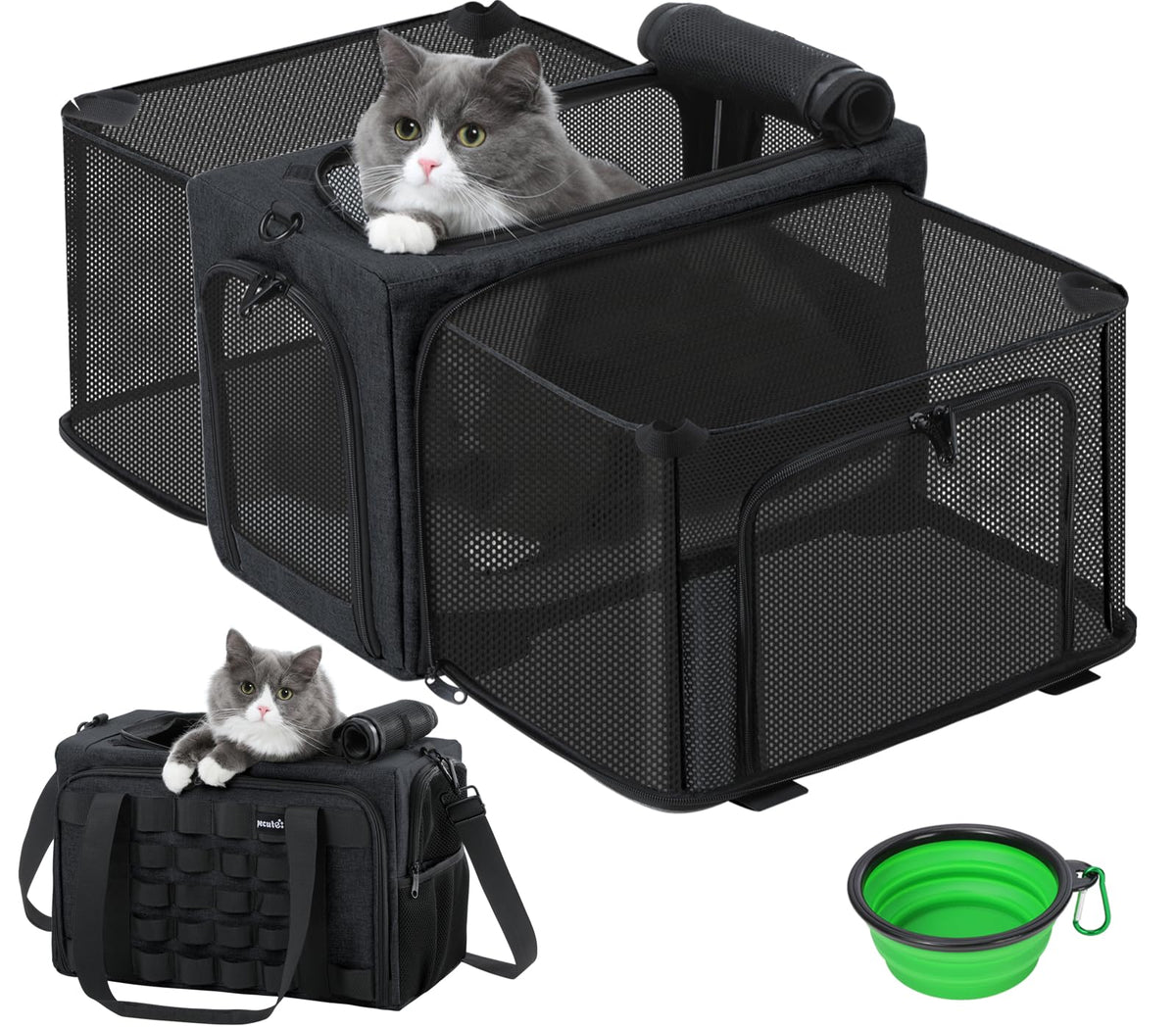 Pecute cat carrier expandable front view, travel-ready for cats up to 12 pounds.