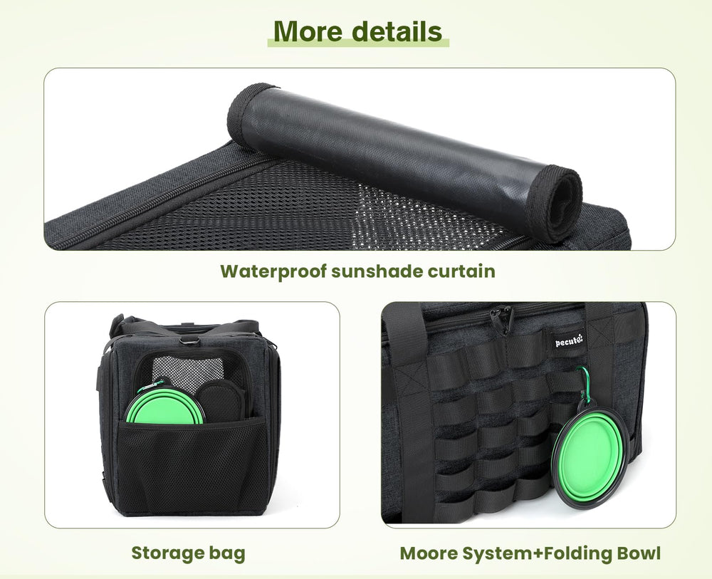 Pecute cat carrier expandable hand-carry handle and adjustable shoulder strap.