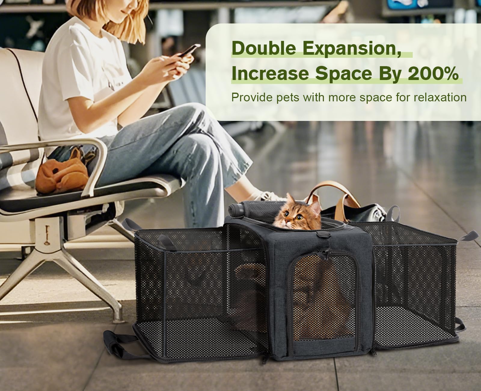 Pecute cat carrier expandable side ventilation highlights breathable mesh for airy comfort.
