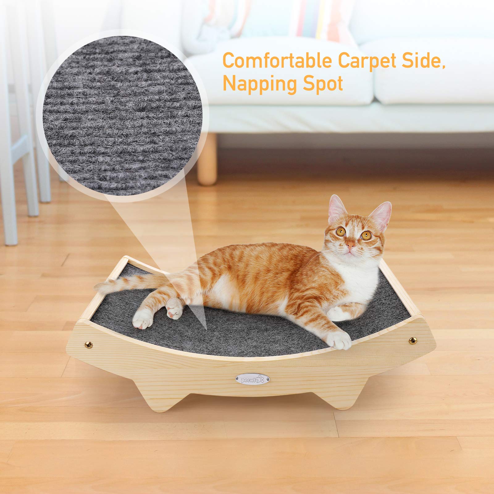 Pecute cat lounging on the scratcher illustrates the 2-in-1 design in action.