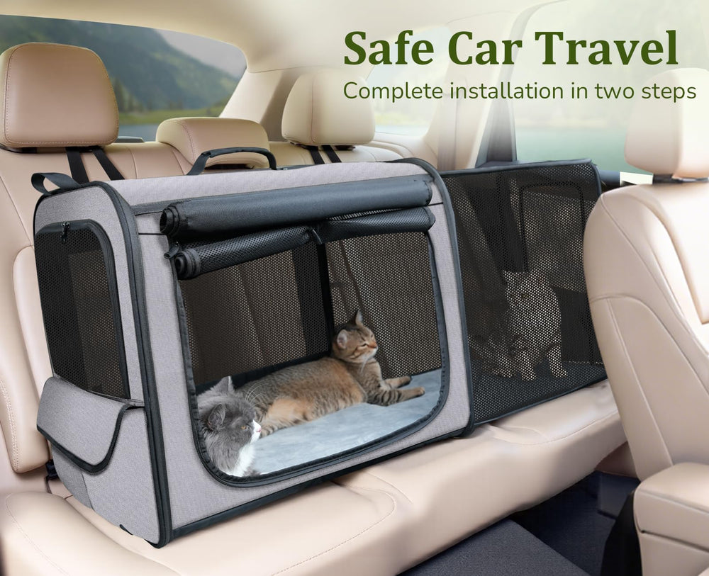 Pecute dog car carrier extended side panel provides extra lounging area.