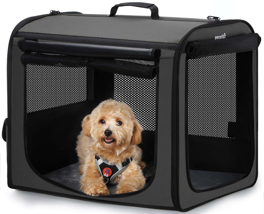 Pecute dog car carrier assembled with sturdy steel frame for safe road travel.