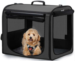 Pecute dog car carrier assembled with sturdy steel frame for safe road travel.